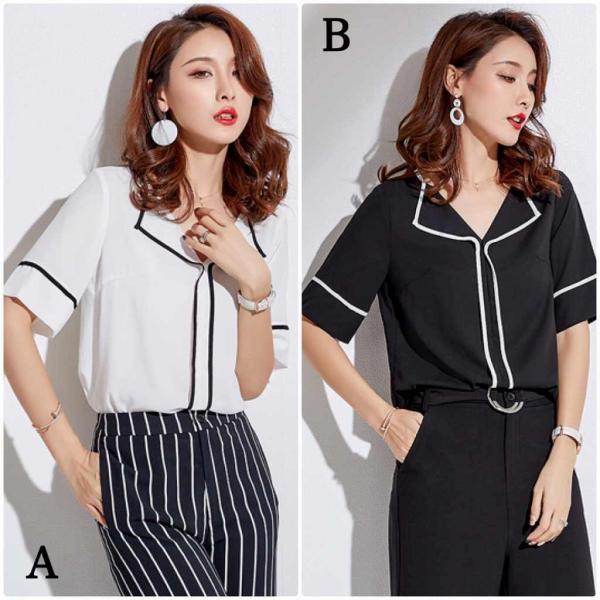 レディース シフォン ブラウス 半袖 シャツ 春 夏 トップス カジュアル キュート 可愛い フェミニン きれいめ 上品 エレガント おしゃれ お出かけ オフィス デート デイリー ホワイト ブラック S M L XL サイズ 送料無料