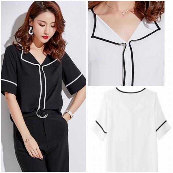 レディース シフォン ブラウス 半袖 シャツ 春 夏 トップス カジュアル キュート 可愛い フェミニン きれいめ 上品 エレガント おしゃれ お出かけ オフィス デート デイリー ホワイト ブラック S M L XL サイズ 送料無料