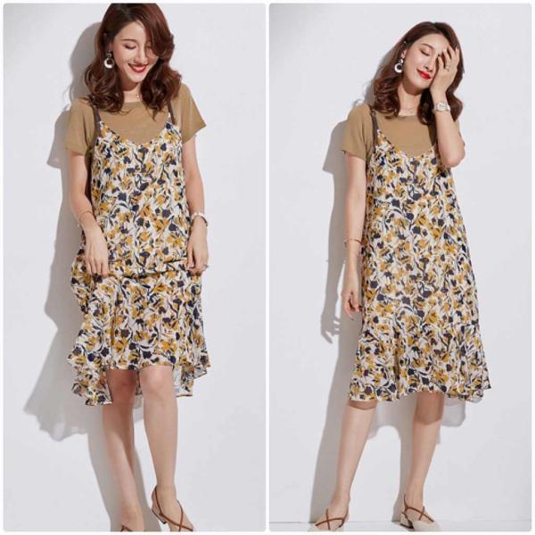 レディース 2点セット ワンピース＋Tシャツ ぺプラムスカート 花柄 ボタニカル柄 半袖 肩紐 春 夏 スカート カジュアル キュート 可愛い フェミニン きれいめ 上品 エレガント おしゃれ お出かけ お呼ばれ ブラウン S M L XL サイズ 送料無料