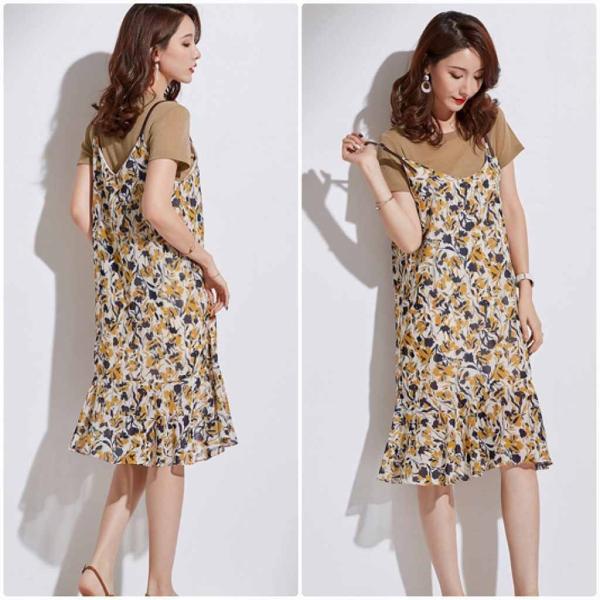 レディース 2点セット ワンピース＋Tシャツ ぺプラムスカート 花柄 ボタニカル柄 半袖 肩紐 春 夏 スカート カジュアル キュート 可愛い フェミニン きれいめ 上品 エレガント おしゃれ お出かけ お呼ばれ ブラウン S M L XL サイズ 送料無料