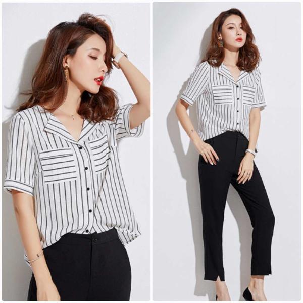 レディース ブラウス シフォン ストライプ シンプル 半袖 シャツ 春 夏 トップス カジュアル キュート 可愛い フェミニン きれいめ 上品 エレガント おしゃれ お出かけ オフィス デート デイリー ホワイト×ブラック S M L XL サイズ 送料無料