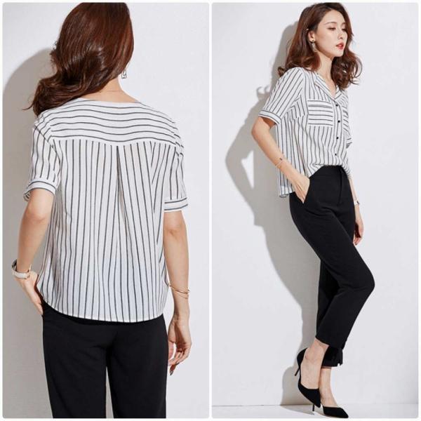 レディース ブラウス シフォン ストライプ シンプル 半袖 シャツ 春 夏 トップス カジュアル キュート 可愛い フェミニン きれいめ 上品 エレガント おしゃれ お出かけ オフィス デート デイリー ホワイト×ブラック S M L XL サイズ 送料無料