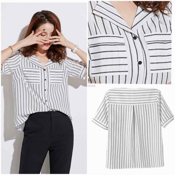 レディース ブラウス シフォン ストライプ シンプル 半袖 シャツ 春 夏 トップス カジュアル キュート 可愛い フェミニン きれいめ 上品 エレガント おしゃれ お出かけ オフィス デート デイリー ホワイト×ブラック S M L XL サイズ 送料無料