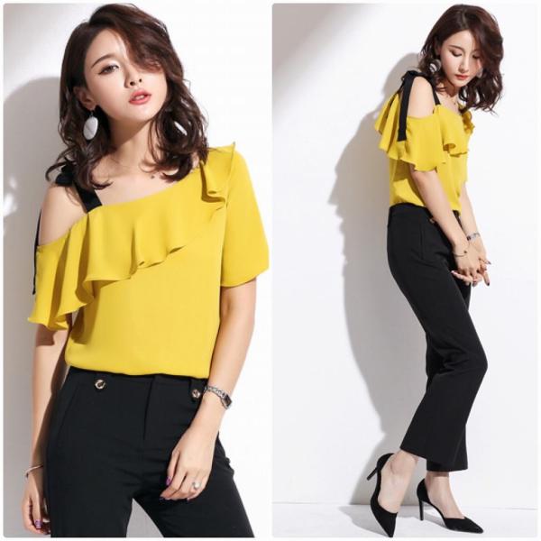 レディース ワンショルダー ブラウス 肩紐 シフォン 無地 シンプル 半袖 シャツ 春 夏 トップス カジュアル 可愛い フェミニン きれいめ 上品 エレガント おしゃれ お出かけ オフィス デート デイリー イエロー S M L XL サイズ 送料無料