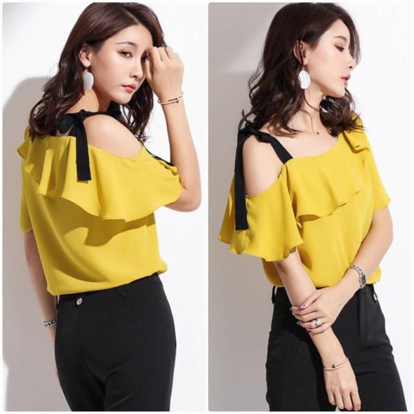 レディース ワンショルダー ブラウス 肩紐 シフォン 無地 シンプル 半袖 シャツ 春 夏 トップス カジュアル 可愛い フェミニン きれいめ 上品 エレガント おしゃれ お出かけ オフィス デート デイリー イエロー S M L XL サイズ 送料無料