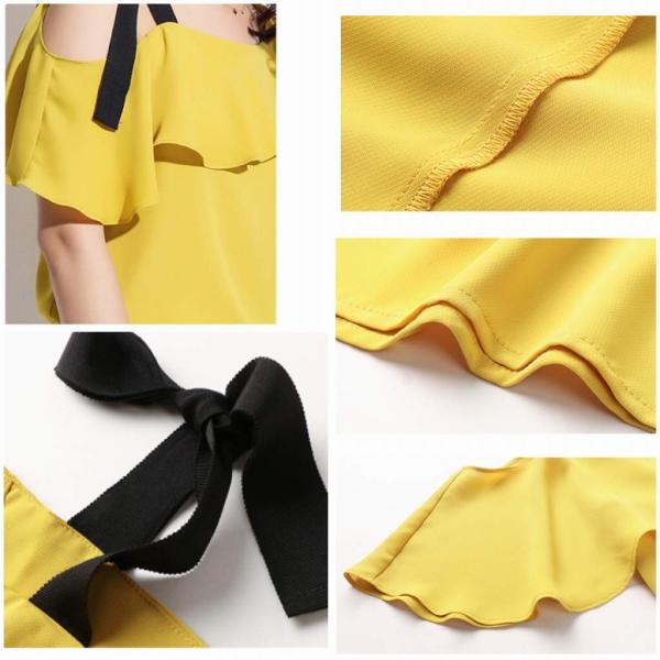 レディース ワンショルダー ブラウス 肩紐 シフォン 無地 シンプル 半袖 シャツ 春 夏 トップス カジュアル 可愛い フェミニン きれいめ 上品 エレガント おしゃれ お出かけ オフィス デート デイリー イエロー S M L XL サイズ 送料無料
