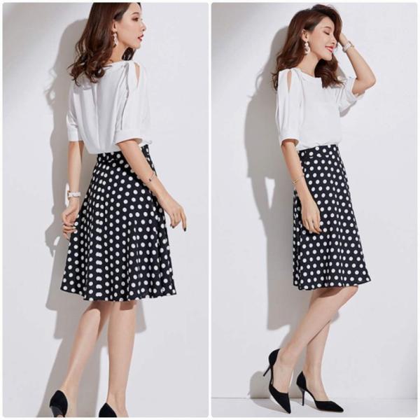 レディース フレアスカート ドット 水玉 ひざ丈 ハイウエスト 春 夏 ボトムス カジュアル キュート 大人 可愛い フェミニン きれいめ おしゃれ お出かけ デイリー 二次会 お呼ばれ ブラック S M L XL サイズ 送料無料