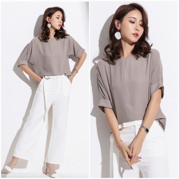 レディース ブラウス シフォン ラウンドネック 無地 シンプル シャツ 春 夏 トップス カジュアル キュート 可愛い フェミニン きれいめ 上品 エレガント おしゃれ お出かけ オフィス デート デイリー ホワイト ライトブルー グレー 送料無料