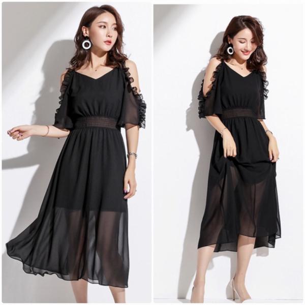 レディース ワンピース ショルダーカット 肩出し 肩見せ Vネック ハイウエスト 春 夏 スカート カジュアル キュート 可愛い フェミニン きれいめ 上品 エレガント おしゃれ お出かけ お呼ばれ ブラック S M L XL サイズ 送料無料