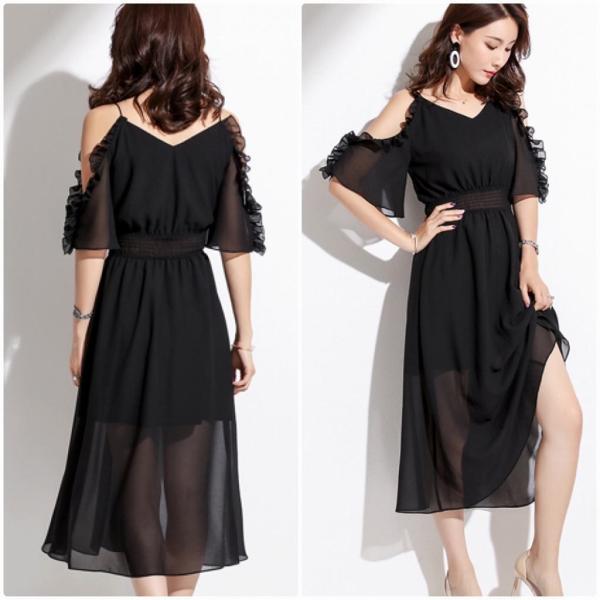 レディース ワンピース ショルダーカット 肩出し 肩見せ Vネック ハイウエスト 春 夏 スカート カジュアル キュート 可愛い フェミニン きれいめ 上品 エレガント おしゃれ お出かけ お呼ばれ ブラック S M L XL サイズ 送料無料