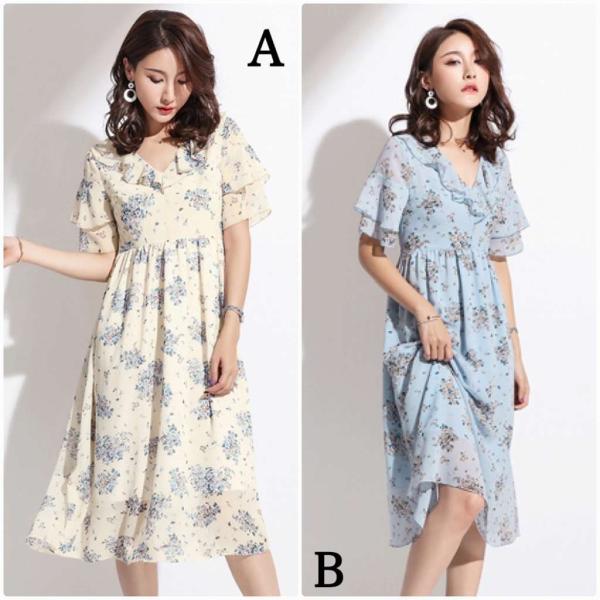 レディース ワンピース シフォン Vネック ミディ丈 花柄 総柄 フレア 半袖 夏 カジュアル 大人可愛い フェミニン オフィス お出かけ デート デイリー ベージュ ブルー M L XL 2XL 送料無料