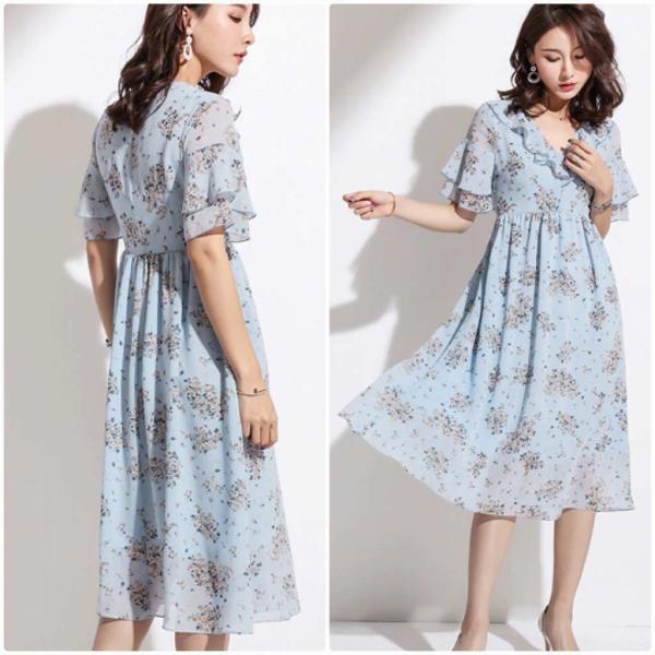 レディース ワンピース シフォン Vネック ミディ丈 花柄 総柄 フレア 半袖 夏 カジュアル 大人可愛い フェミニン オフィス お出かけ デート デイリー ベージュ ブルー M L XL 2XL 送料無料