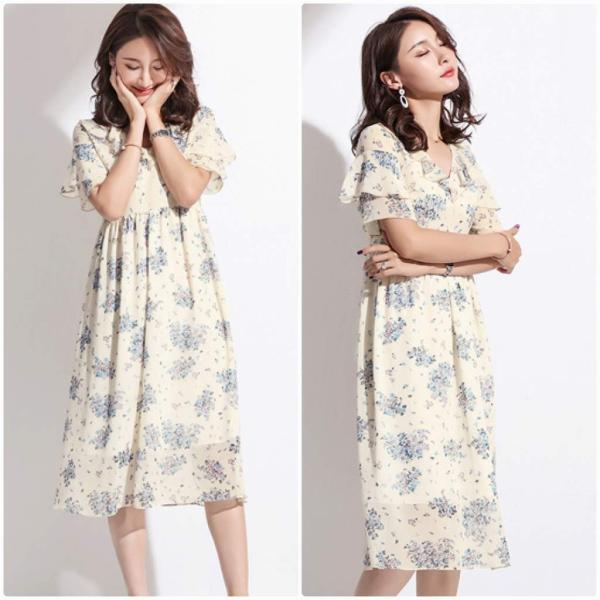 レディース ワンピース シフォン Vネック ミディ丈 花柄 総柄 フレア 半袖 夏 カジュアル 大人可愛い フェミニン オフィス お出かけ デート デイリー ベージュ ブルー M L XL 2XL 送料無料