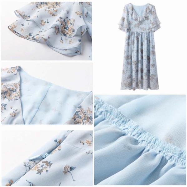 レディース ワンピース シフォン Vネック ミディ丈 花柄 総柄 フレア 半袖 夏 カジュアル 大人可愛い フェミニン オフィス お出かけ デート デイリー ベージュ ブルー M L XL 2XL 送料無料