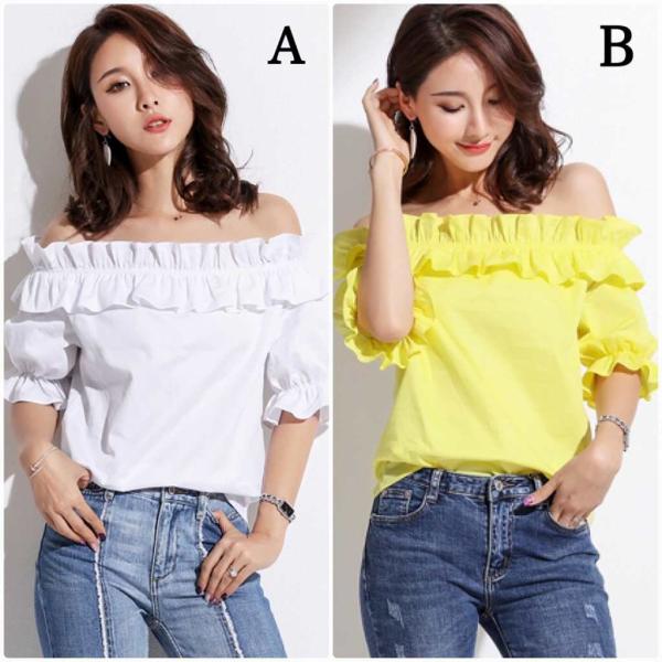 レディース トップス シフォン カットソー オフショルダー 半袖 パフスリーブ フリル 無地 夏 カジュアル 大人可愛い フェミニン オフィス お出かけ デート デイリー ホワイト イエロー S M L XL 送料無料