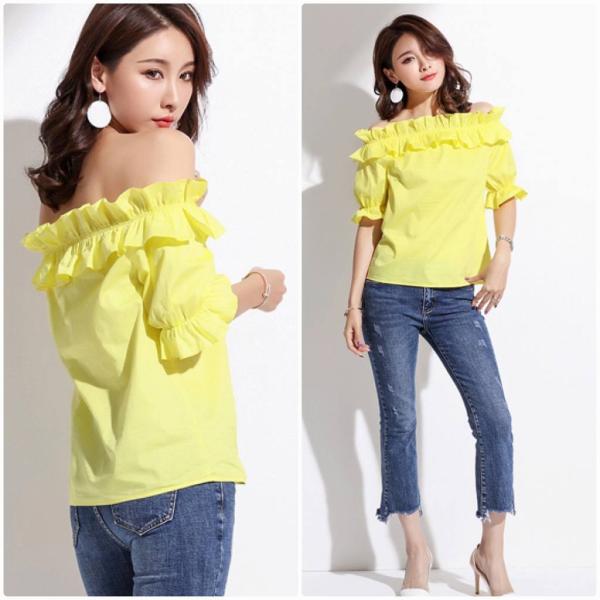 レディース トップス シフォン カットソー オフショルダー 半袖 パフスリーブ フリル 無地 夏 カジュアル 大人可愛い フェミニン オフィス お出かけ デート デイリー ホワイト イエロー S M L XL 送料無料