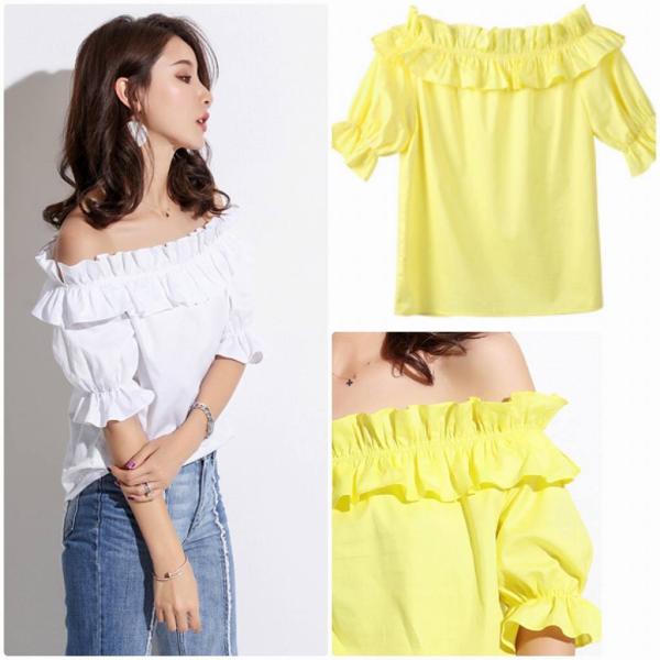 レディース トップス シフォン カットソー オフショルダー 半袖 パフスリーブ フリル 無地 夏 カジュアル 大人可愛い フェミニン オフィス お出かけ デート デイリー ホワイト イエロー S M L XL 送料無料