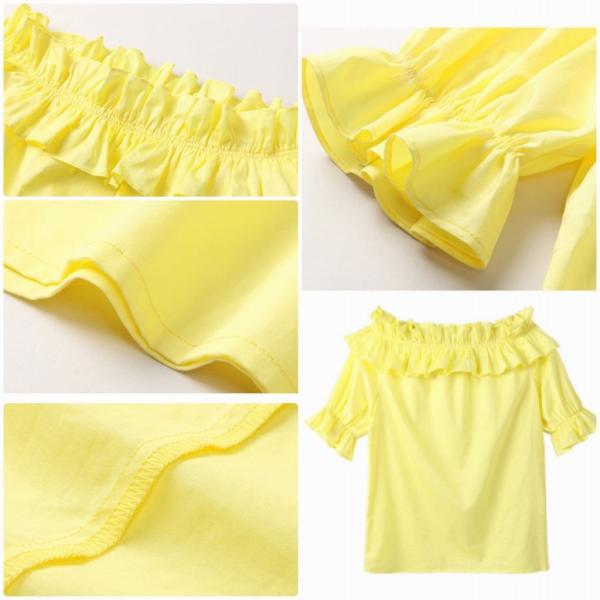 レディース トップス シフォン カットソー オフショルダー 半袖 パフスリーブ フリル 無地 夏 カジュアル 大人可愛い フェミニン オフィス お出かけ デート デイリー ホワイト イエロー S M L XL 送料無料