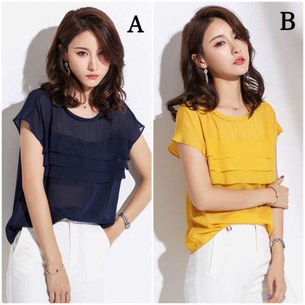 レディース トップス シフォン カットソー ラウンドネック 半袖 フリル 無地 夏 カジュアル 大人可愛い フェミニン オフィス お出かけ デート デイリー ネイビー イエロー M L XL 送料無料