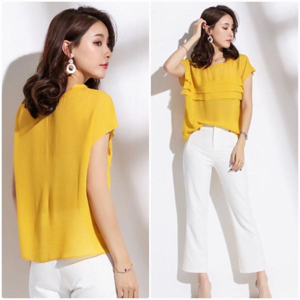 レディース トップス シフォン カットソー ラウンドネック 半袖 フリル 無地 夏 カジュアル 大人可愛い フェミニン オフィス お出かけ デート デイリー ネイビー イエロー M L XL 送料無料
