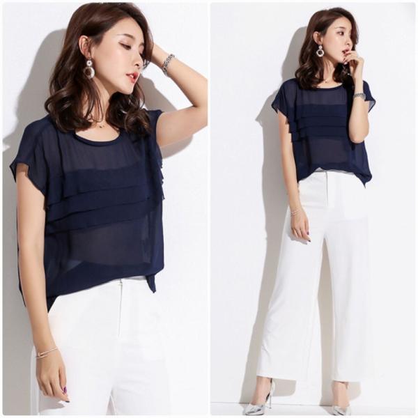 レディース トップス シフォン カットソー ラウンドネック 半袖 フリル 無地 夏 カジュアル 大人可愛い フェミニン オフィス お出かけ デート デイリー ネイビー イエロー M L XL 送料無料