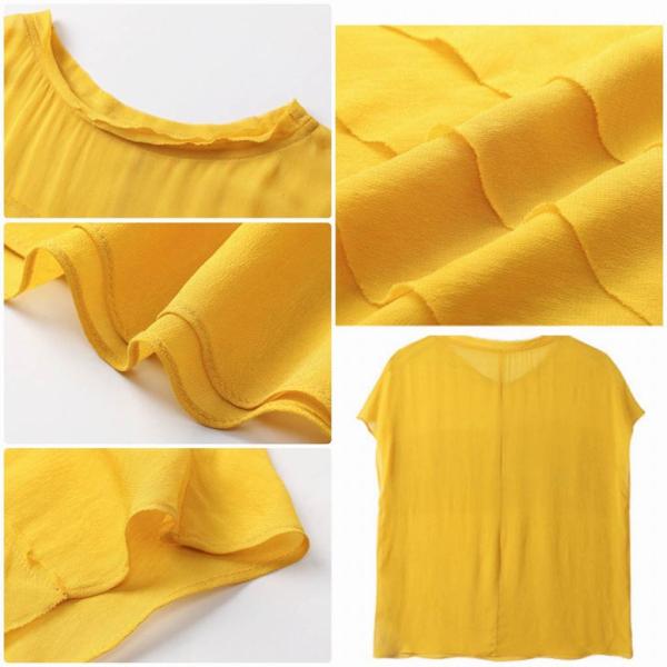 レディース トップス シフォン カットソー ラウンドネック 半袖 フリル 無地 夏 カジュアル 大人可愛い フェミニン オフィス お出かけ デート デイリー ネイビー イエロー M L XL 送料無料