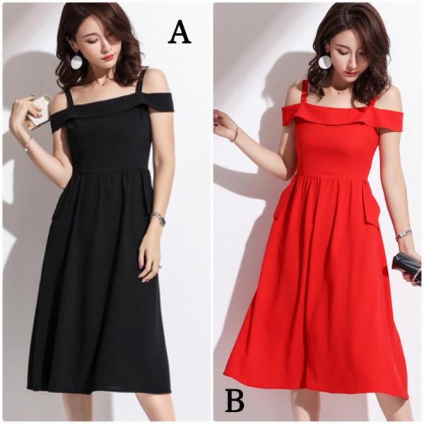 レディース ワンピース オフショルダー ミモレ丈 Aライン 半袖 無地 エレガント 大人可愛い フェミニン パーティ 結婚式 2次会 お出かけ デート ブラック レッド S M L XL 送料無料