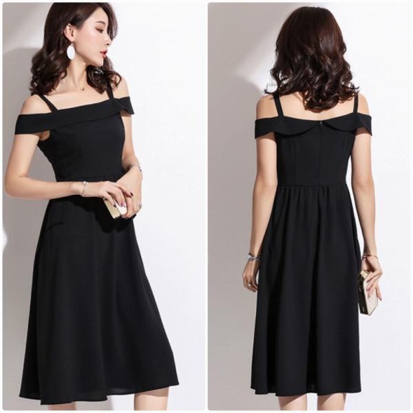 レディース ワンピース オフショルダー ミモレ丈 Aライン 半袖 無地 エレガント 大人可愛い フェミニン パーティ 結婚式 2次会 お出かけ デート ブラック レッド S M L XL 送料無料