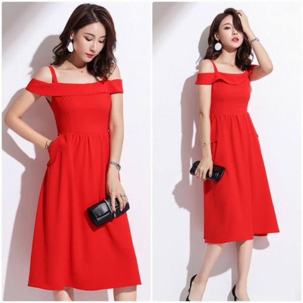 レディース ワンピース オフショルダー ミモレ丈 Aライン 半袖 無地 エレガント 大人可愛い フェミニン パーティ 結婚式 2次会 お出かけ デート ブラック レッド S M L XL 送料無料