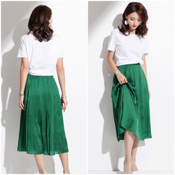 レディース ボトムス スカート プリーツ シフォン ミモレ丈 無地 エレガント 大人可愛い フェミニン オフィス お出かけ デート デイリー ブルー グリーン ブルー S M L XL 送料無料