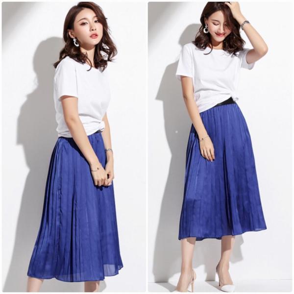 レディース ボトムス スカート プリーツ シフォン ミモレ丈 無地 エレガント 大人可愛い フェミニン オフィス お出かけ デート デイリー ブルー グリーン ブルー S M L XL 送料無料
