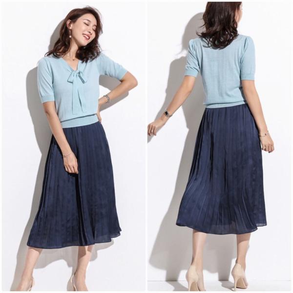 レディース ボトムス スカート プリーツ シフォン ミモレ丈 無地 エレガント 大人可愛い フェミニン オフィス お出かけ デート デイリー ブルー グリーン ブルー S M L XL 送料無料