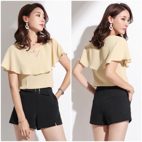 レディース トップス シフォン カットソー Vネック ノースリーブ フリルカラー 無地 夏 カジュアル 大人可愛い フェミニン オフィス お出かけ デート デイリー ベージュ M L XL 2XL 送料無料