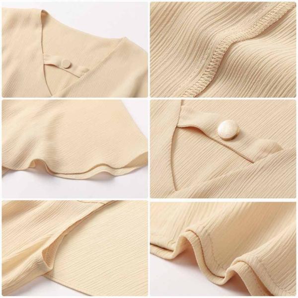 レディース トップス シフォン カットソー Vネック ノースリーブ フリルカラー 無地 夏 カジュアル 大人可愛い フェミニン オフィス お出かけ デート デイリー ベージュ M L XL 2XL 送料無料