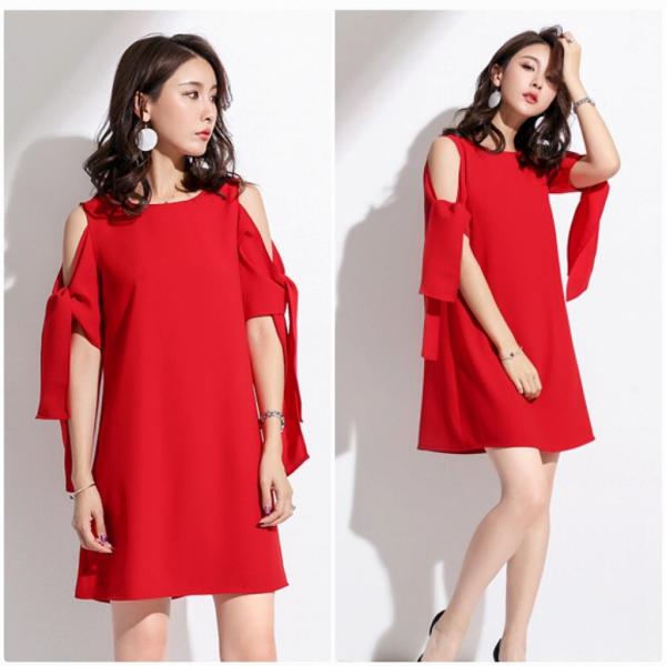 レディース ワンピース ラウンドネック ミニワンピ 無地 フレア オープンショルダー 半袖 夏 カジュアル 大人可愛い フェミニン オフィス お出かけ デート デイリー レッド S M L XL 送料無料