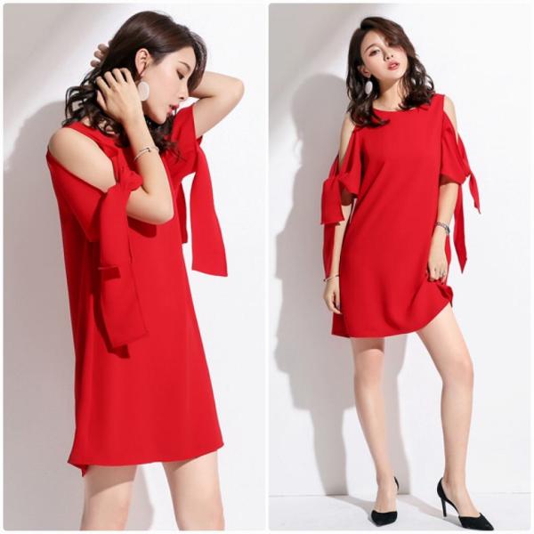 レディース ワンピース ラウンドネック ミニワンピ 無地 フレア オープンショルダー 半袖 夏 カジュアル 大人可愛い フェミニン オフィス お出かけ デート デイリー レッド S M L XL 送料無料