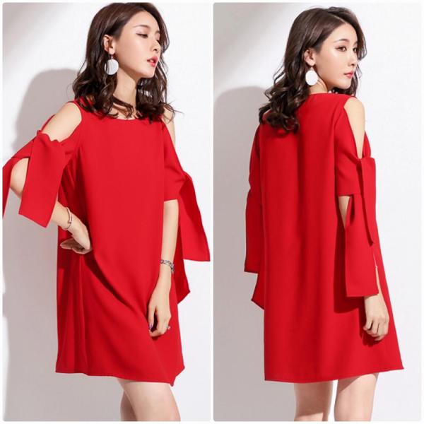 レディース ワンピース ラウンドネック ミニワンピ 無地 フレア オープンショルダー 半袖 夏 カジュアル 大人可愛い フェミニン オフィス お出かけ デート デイリー レッド S M L XL 送料無料