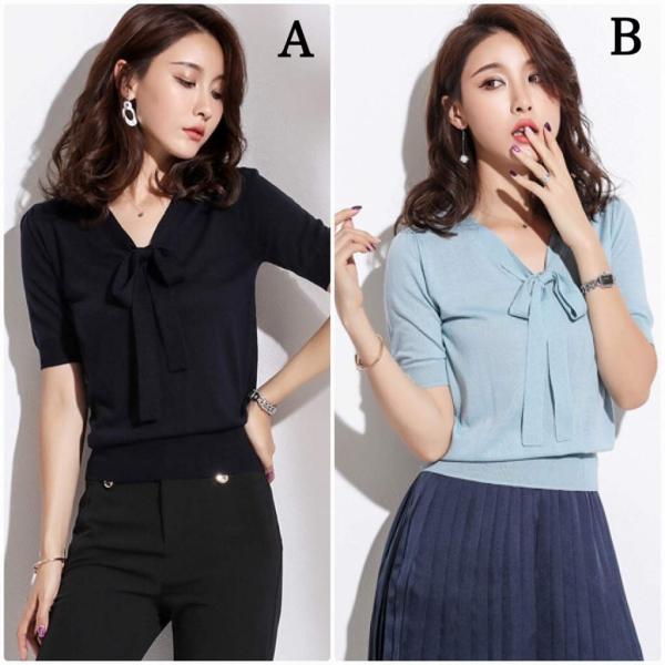 レディース トップス サマーニット セーター Vネック リボンタイ 半袖 無地 夏 カジュアル 大人可愛い フェミニン オフィス お出かけ デート デイリー ブラック ブルー M L 送料無料