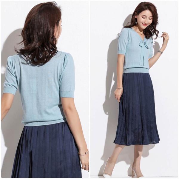 レディース トップス サマーニット セーター Vネック リボンタイ 半袖 無地 夏 カジュアル 大人可愛い フェミニン オフィス お出かけ デート デイリー ブラック ブルー M L 送料無料