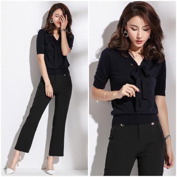 レディース トップス サマーニット セーター Vネック リボンタイ 半袖 無地 夏 カジュアル 大人可愛い フェミニン オフィス お出かけ デート デイリー ブラック ブルー M L 送料無料