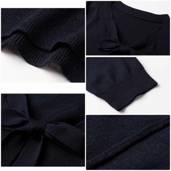 レディース トップス サマーニット セーター Vネック リボンタイ 半袖 無地 夏 カジュアル 大人可愛い フェミニン オフィス お出かけ デート デイリー ブラック ブルー M L 送料無料