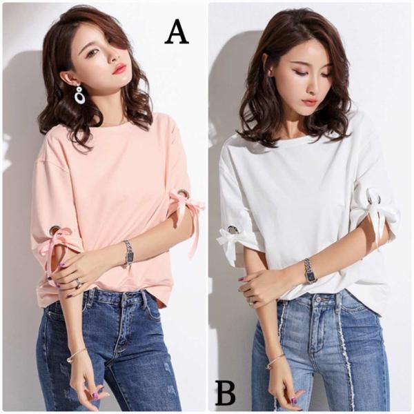 レディース トップス Tシャツ カットソー ラウンドネック 5分袖 無地 リボン 夏 カジュアル 大人可愛い フェミニン オフィス お出かけ デート デイリー ピンク ホワイト S M L XL 送料無料