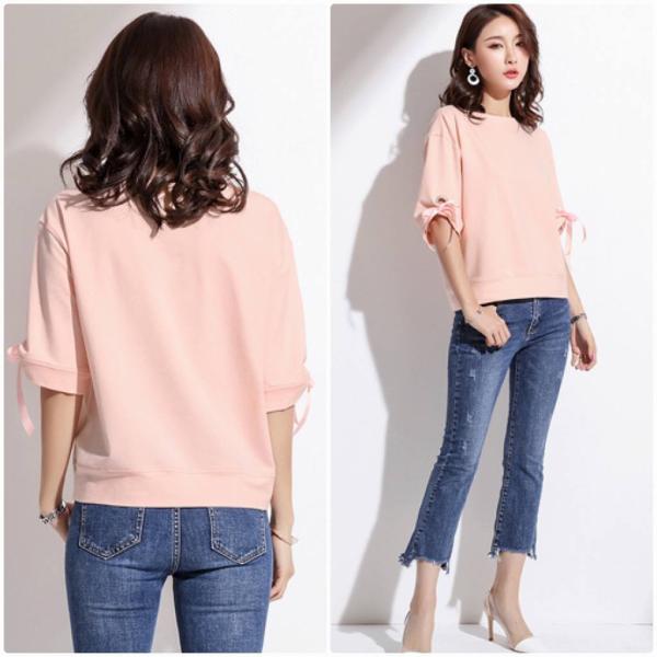 レディース トップス Tシャツ カットソー ラウンドネック 5分袖 無地 リボン 夏 カジュアル 大人可愛い フェミニン オフィス お出かけ デート デイリー ピンク ホワイト S M L XL 送料無料