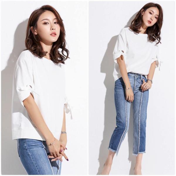 レディース トップス Tシャツ カットソー ラウンドネック 5分袖 無地 リボン 夏 カジュアル 大人可愛い フェミニン オフィス お出かけ デート デイリー ピンク ホワイト S M L XL 送料無料