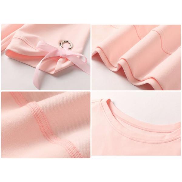 レディース トップス Tシャツ カットソー ラウンドネック 5分袖 無地 リボン 夏 カジュアル 大人可愛い フェミニン オフィス お出かけ デート デイリー ピンク ホワイト S M L XL 送料無料