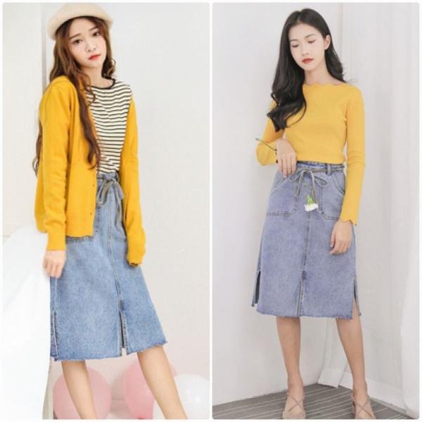 レディース ボトムス スカート デニム スリット ウォッシュド タイト ミディ丈 無地 カジュアル 大人可愛い フェミニン お出かけ デート デイリー リゾート ブルー S M L XL 送料無料