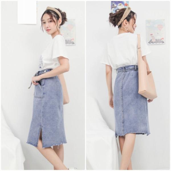 レディース ボトムス スカート デニム スリット ウォッシュド タイト ミディ丈 無地 カジュアル 大人可愛い フェミニン お出かけ デート デイリー リゾート ブルー S M L XL 送料無料