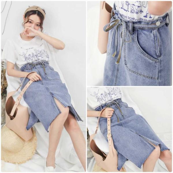 レディース ボトムス スカート デニム スリット ウォッシュド タイト ミディ丈 無地 カジュアル 大人可愛い フェミニン お出かけ デート デイリー リゾート ブルー S M L XL 送料無料