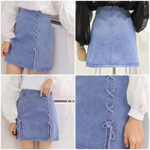 レディース ボトムス スカート デニム スリット ウォッシュド 膝上丈 無地 カジュアル 大人可愛い フェミニン お出かけ デート デイリー リゾート ブルー S M L XL 送料無料