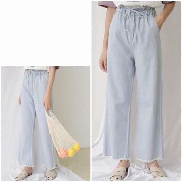 レディース カットオフデニム ワイドレッグパンツ ジーンズ 無地 シンプル ボトムス カジュアル キュート 可愛い フェミニン きれいめ エレガント おしゃれ お出かけ デイリー オフィス 普段着 ライトブルー S M L サイズ 送料無料